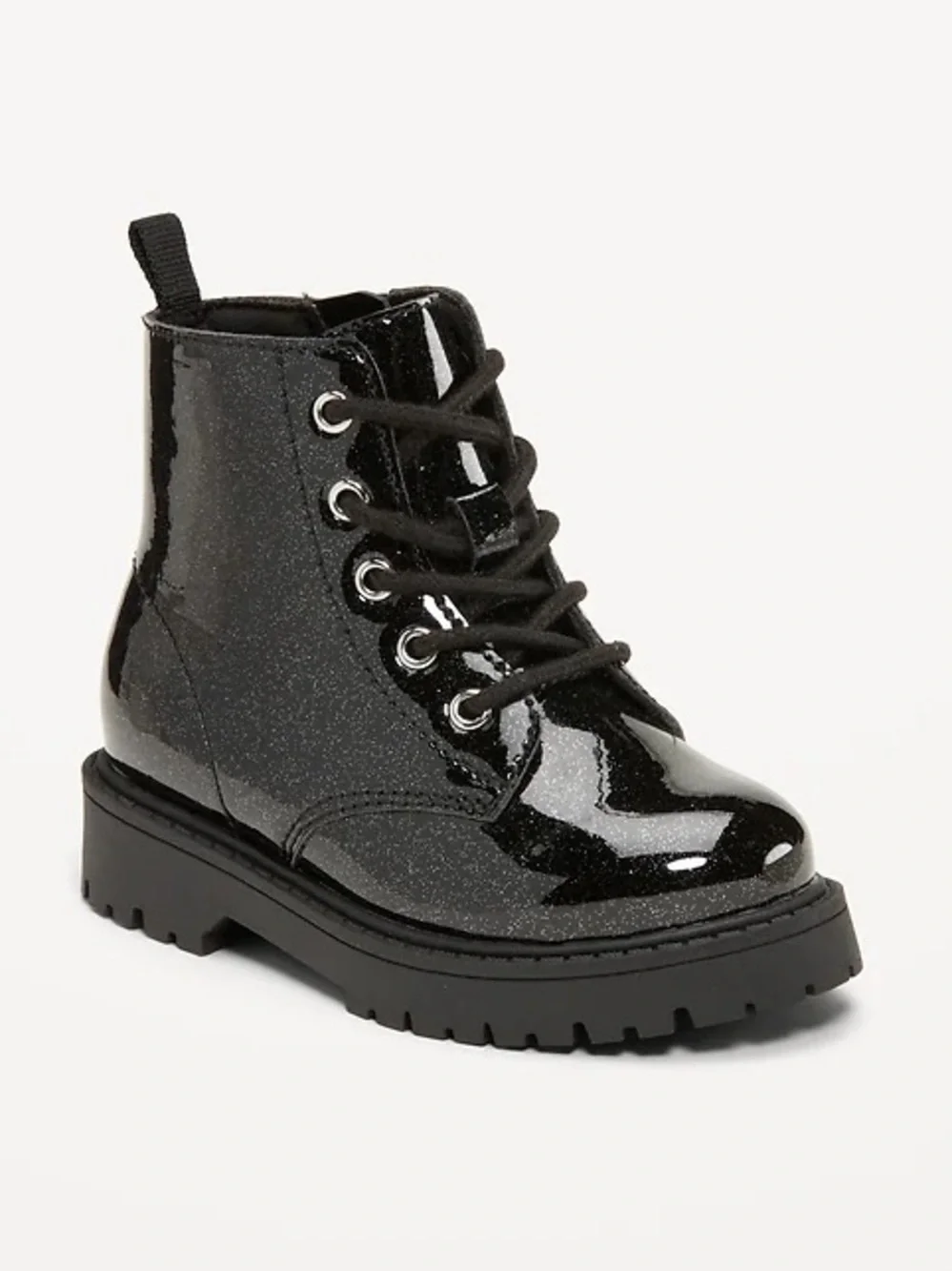 Girls' Black Glitter Lace-Up Combat Boots